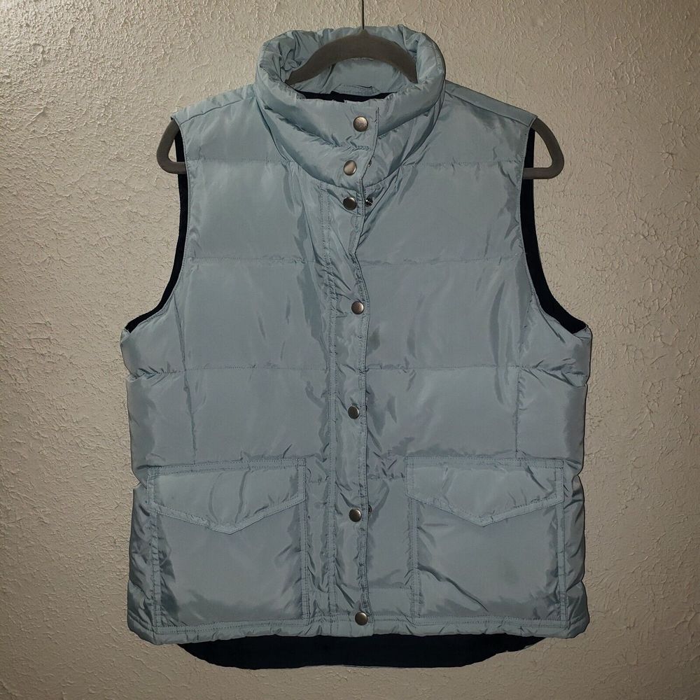 J. Crew Sz L Down Puffer Vest Womens Light Blue Full Zip Snaps Pockets Classic